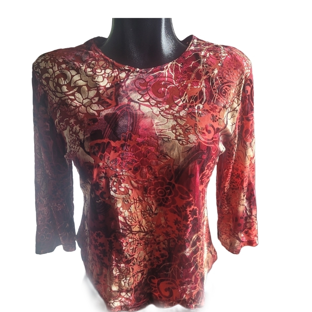 Tradition Red & Gold Toned Floral Cropped Sleeve Top Size M